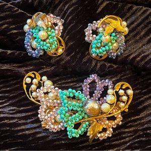 Vintage Signed Mariam Haskell Seed Bead Brooch Set with Matching Earrings
